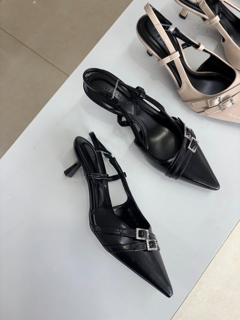 Belted Pointy Toe Slid On kitten Heels